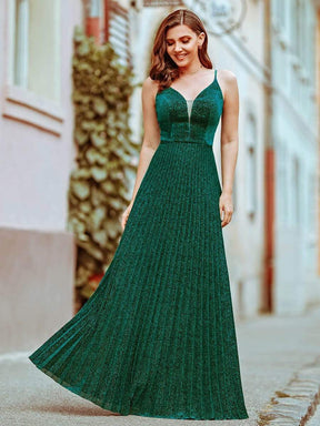 Color=Dark Green | Gorgeous Glittering V-Neck Sleeveless Evening Dresses With Pleated Decoration-Dark Green 1