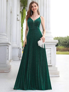 Color=Dark Green | Gorgeous Glittering V-Neck Sleeveless Evening Dresses With Pleated Decoration-Dark Green 4