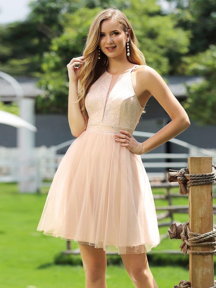 Color=Blush | Sexy Round Neckline Sleeveless Tulle Prom Dress For Bridesmaid-Blush 1