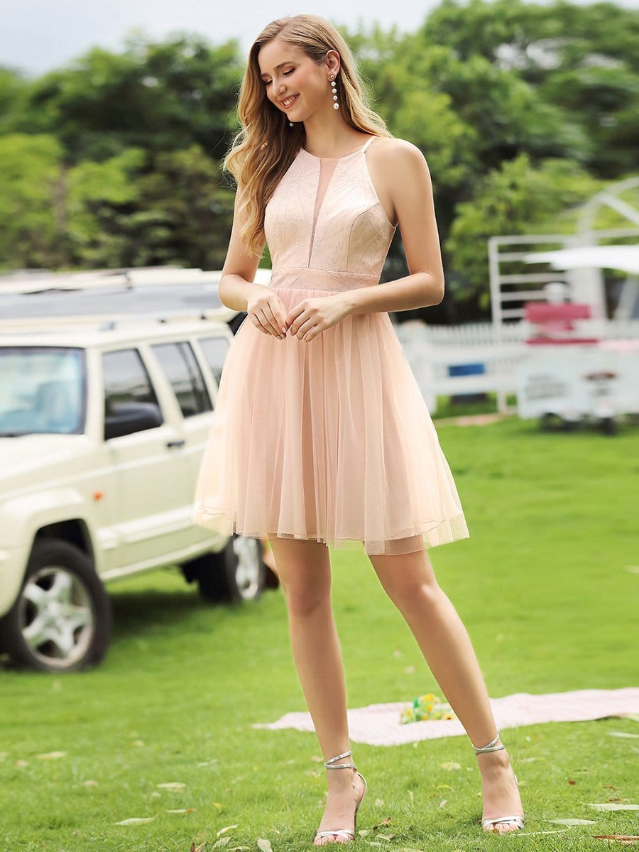 Color=Blush | Sexy Round Neckline Sleeveless Tulle Prom Dress For Bridesmaid-Blush 4