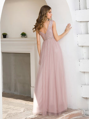 Color=Pink | Women'S Sweet Double V Neck Embroidered Tulle Bridesmaid Dress-Pink 2