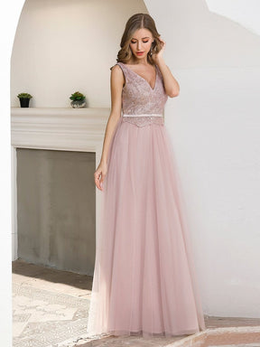 Color=Pink | Women'S Sweet Double V Neck Embroidered Tulle Bridesmaid Dress-Pink 3