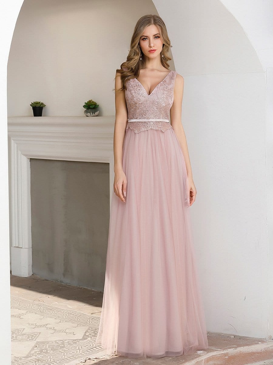 Color=Pink | Women'S Sweet Double V Neck Embroidered Tulle Bridesmaid Dress-Pink 4