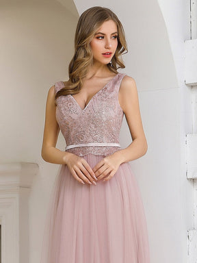 Color=Pink | Women'S Sweet Double V Neck Embroidered Tulle Bridesmaid Dress-Pink 5