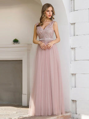 Color=Pink | Women'S Sweet Double V Neck Embroidered Tulle Bridesmaid Dress-Pink 1