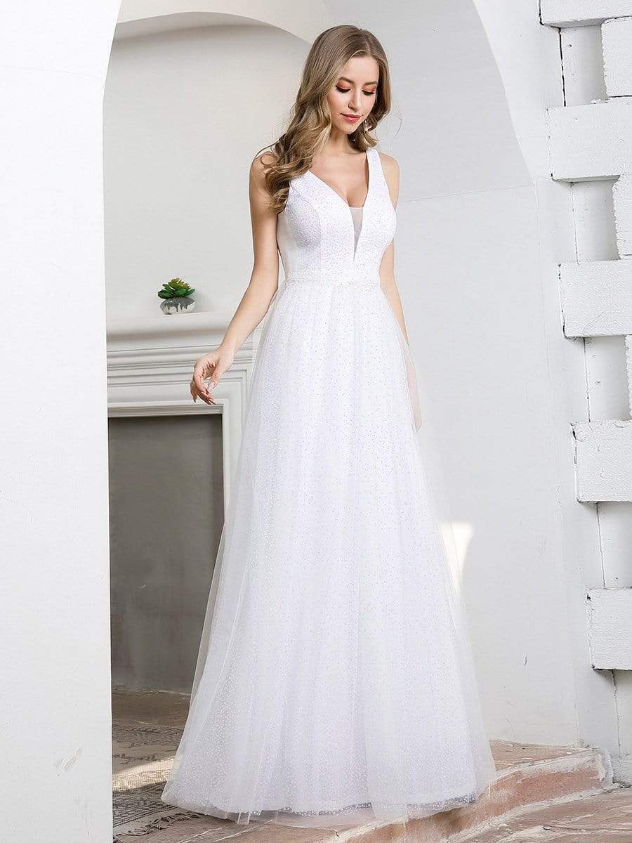 Color=Cream | Elegant A-Line Sleeveless Tulle Wedding Dresses For Women-Cream 1