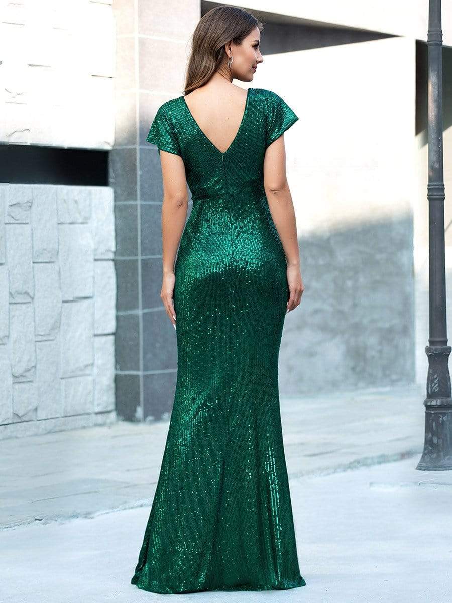 Color=Dark Green | Double V Neck Cap Sleeves Fishtail Floor Length Evening Dresses-Dark Green 2