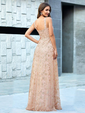 Color=Rose Gold | Floral Printed Sleeveless Tulle Evening Dresses With Sequin Belt-Rose Gold 2