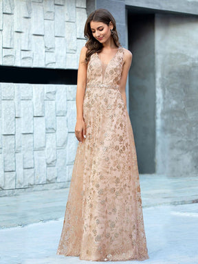 Color=Rose Gold | Floral Printed Sleeveless Tulle Evening Dresses With Sequin Belt-Rose Gold 3