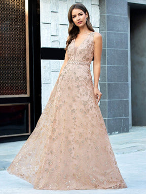 Color=Rose Gold | Floral Printed Sleeveless Tulle Evening Dresses With Sequin Belt-Rose Gold 4
