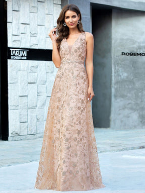Color=Rose Gold | Floral Printed Sleeveless Tulle Evening Dresses With Sequin Belt-Rose Gold 1
