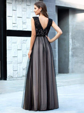 Color=Black | Unique Doublue V Neck Tulle Evening Gowns With Lace-Black 2