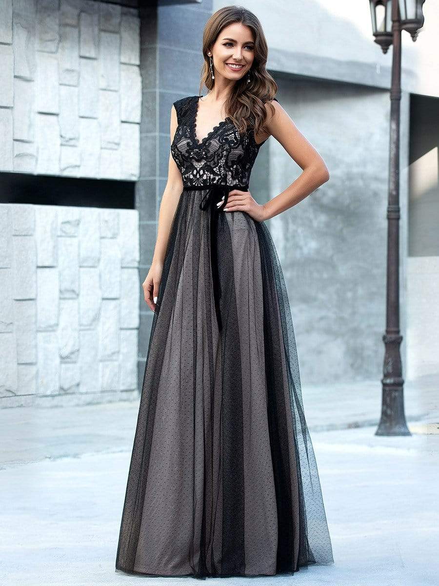Color=Black | Unique Doublue V Neck Tulle Evening Gowns With Lace-Black 3