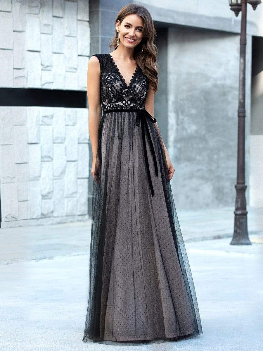 Color=Black | Unique Doublue V Neck Tulle Evening Gowns With Lace-Black 4