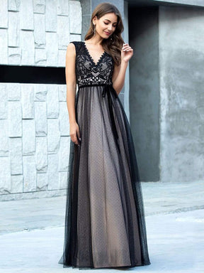 Color=Black | Unique Doublue V Neck Tulle Evening Gowns With Lace-Black 1