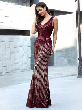 Color=Burgundy | Shiny V Neck Sequin Prom Dresses For Women-Burgundy 1