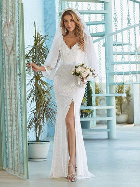 Color=Cream | Sexy Maxi Mermaid Lace Wedding Dress With High Split-Cream 1