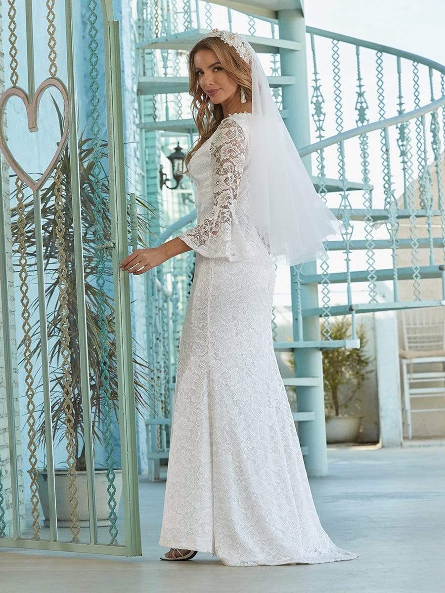 Color=Cream | Sexy Maxi Mermaid Lace Wedding Dress With High Split-Cream 3