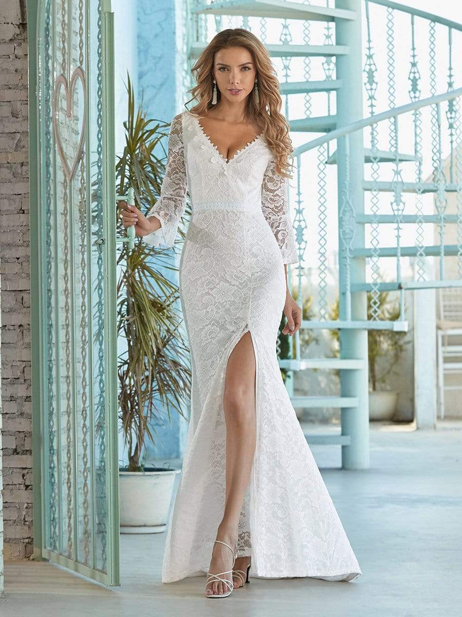 Color=Cream | Sexy Maxi Mermaid Lace Wedding Dress With High Split-Cream 4
