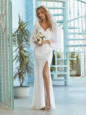 Color=Cream | Sexy Maxi Mermaid Lace Wedding Dress With High Split-Cream 5