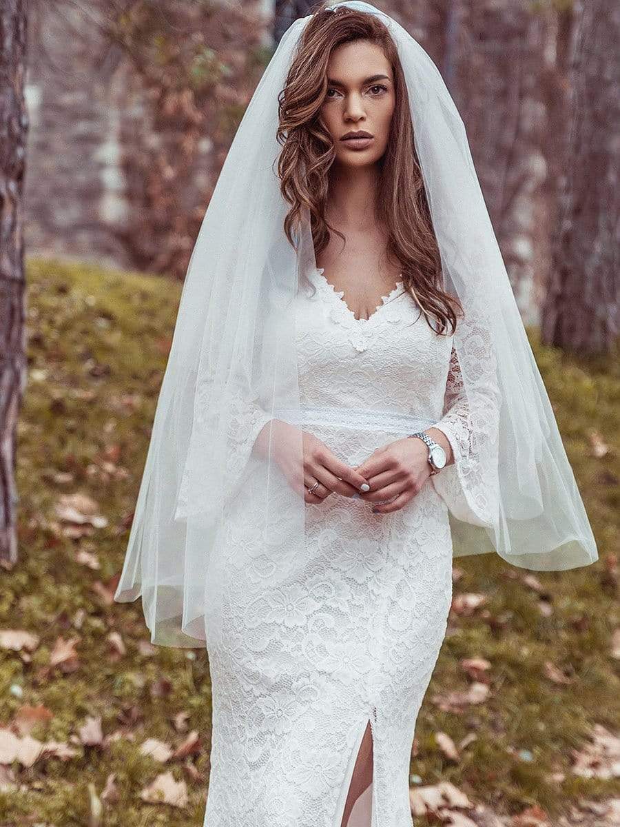 Color=Cream | Sexy Maxi Mermaid Lace Wedding Dress With High Split-Cream 9