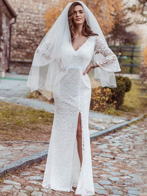 Color=Cream | Sexy Maxi Mermaid Lace Wedding Dress With High Split-Cream 7