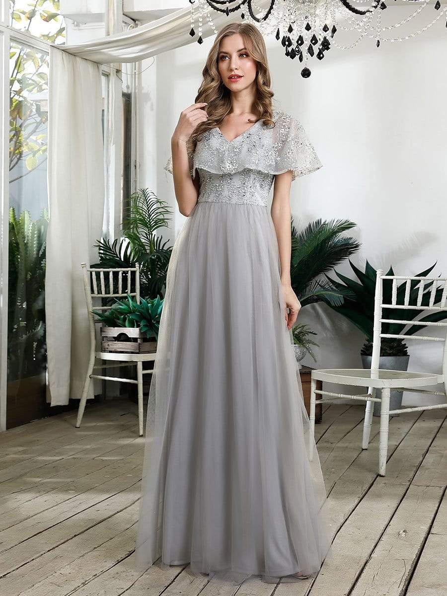 Color=Grey | Women'S V-Neck Ruffles Sequin Dress Floor Length Prom Dresses-Grey 4