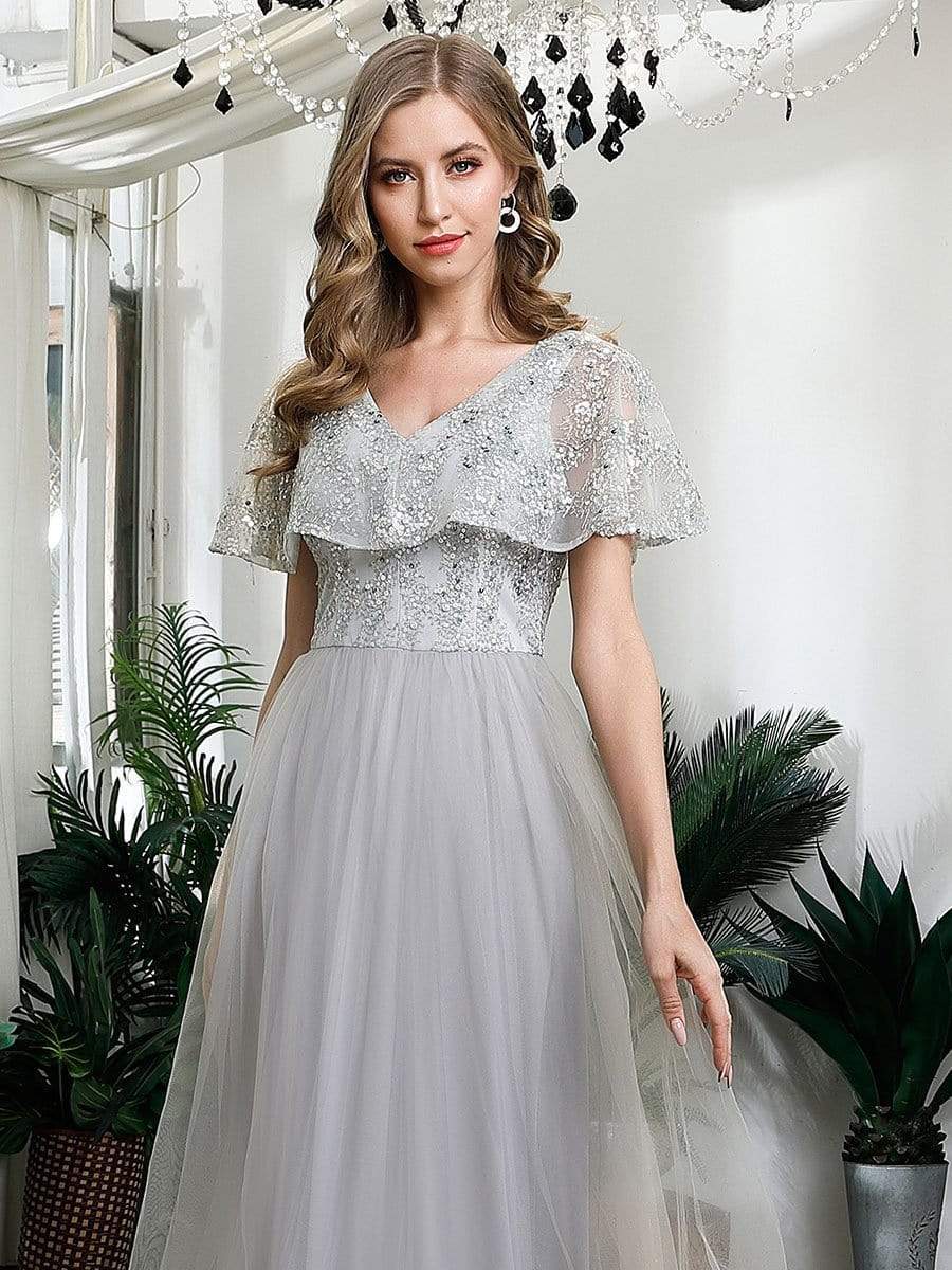 Color=Grey | Women'S V-Neck Ruffles Sequin Dress Floor Length Prom Dresses-Grey 5