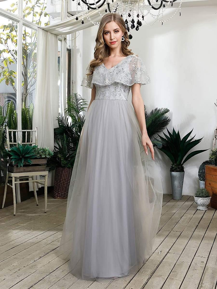 Color=Grey | Women'S V-Neck Ruffles Sequin Dress Floor Length Prom Dresses-Grey 1