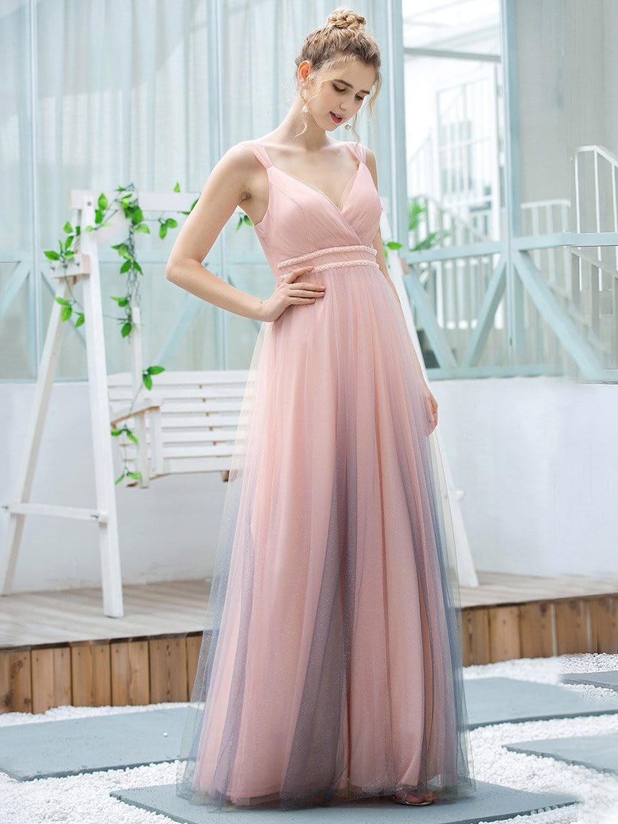 Color=Pink | Stunning Deep V-Neck Tulle A-Line Gradient Color Bridesmaid Dress-Pink 3