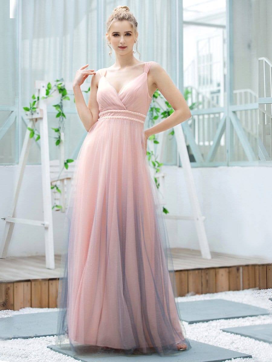 Color=Pink | Stunning Deep V-Neck Tulle A-Line Gradient Color Bridesmaid Dress-Pink 4