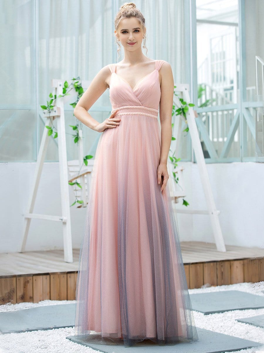 Color=Pink | Stunning Deep V-Neck Tulle A-Line Gradient Color Bridesmaid Dress-Pink 1