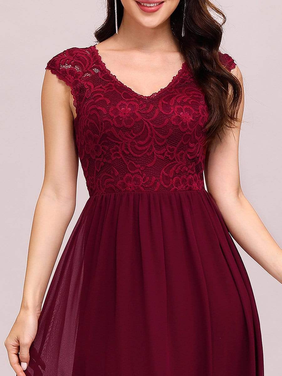 Color=Burgundy | Classic Floral Lace V Neck Cap Sleeve Chiffon Evening Dress-Burgundy 3