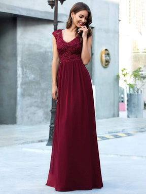 Color=Burgundy | Classic Floral Lace V Neck Cap Sleeve Chiffon Evening Dress-Burgundy 5