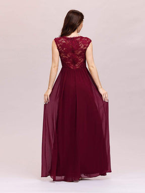 Color=Burgundy | Classic Floral Lace V Neck Cap Sleeve Chiffon Evening Dress-Burgundy 2