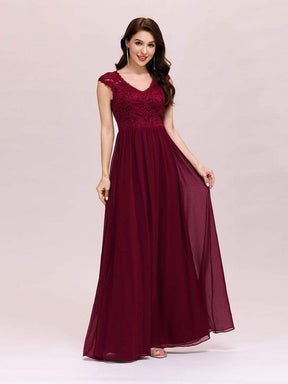 Color=Burgundy | Classic Floral Lace V Neck Cap Sleeve Chiffon Evening Dress-Burgundy 1