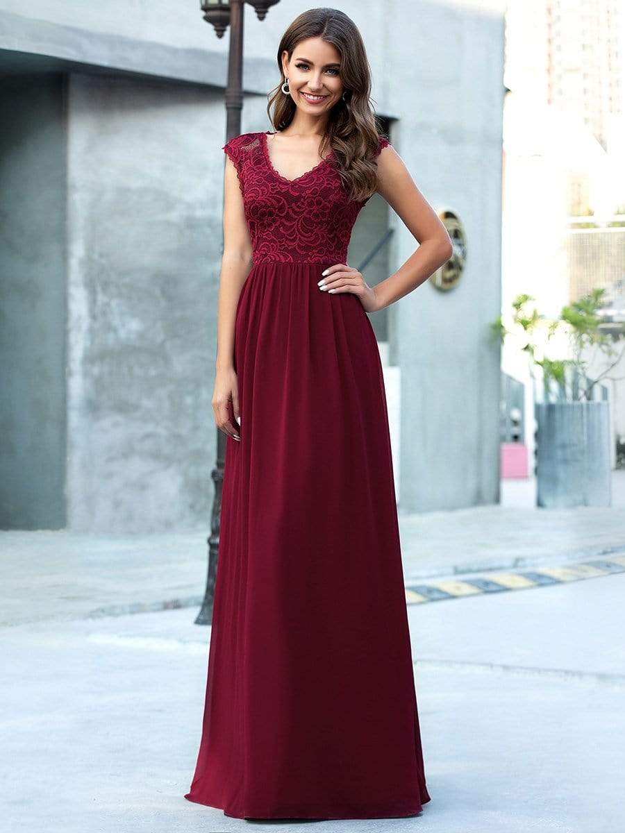 Classic Floral Lace V Neck Chiffon Evening Dress with Cap Sleeve