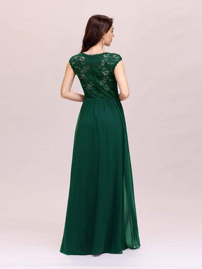 Color=Dark Green | Classic Floral Lace V Neck Cap Sleeve Chiffon Evening Dress-Dark Green 2