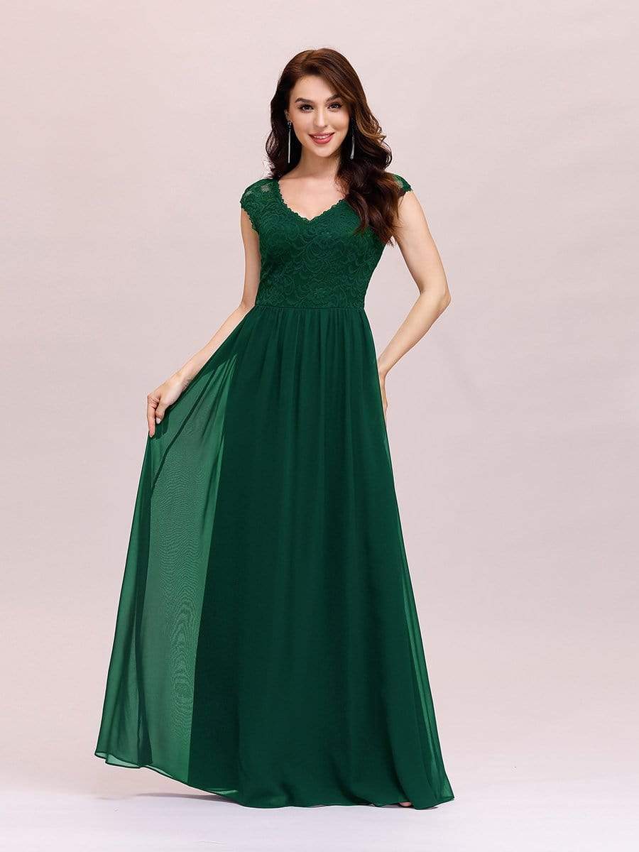 Color=Dark Green | Classic Floral Lace V Neck Cap Sleeve Chiffon Evening Dress-Dark Green 4