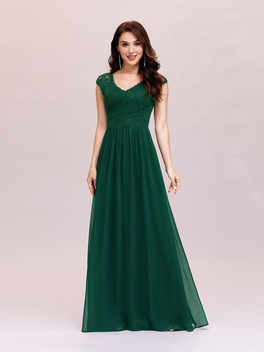 Color=Dark Green | Classic Floral Lace V Neck Cap Sleeve Chiffon Evening Dress-Dark Green 1