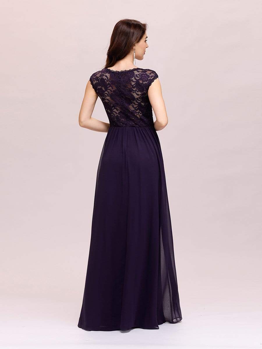 Color=Dark Purple | Classic Floral Lace V Neck Cap Sleeve Chiffon Evening Dress-Dark Purple 2