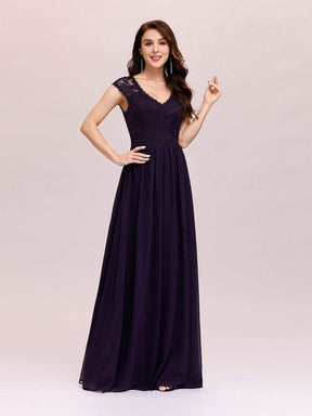 Color=Dark Purple | Classic Floral Lace V Neck Cap Sleeve Chiffon Evening Dress-Dark Purple 3