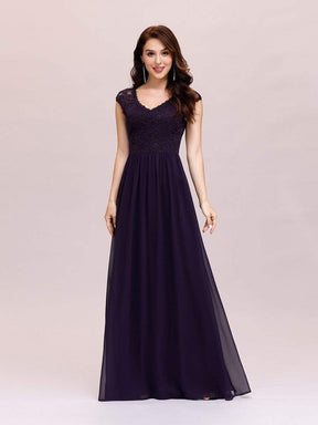 Color=Dark Purple | Classic Floral Lace V Neck Cap Sleeve Chiffon Evening Dress-Dark Purple 1