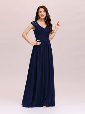 Color=Navy Blue | Classic Floral Lace V Neck Cap Sleeve Chiffon Evening Dress-Navy Blue 3