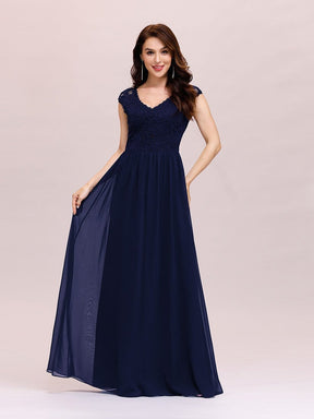 Color=Navy Blue | Classic Floral Lace V Neck Cap Sleeve Chiffon Evening Dress-Navy Blue 4
