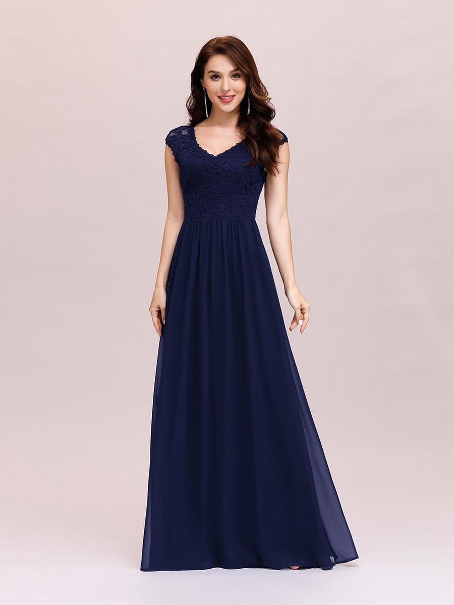 Color=Navy Blue | Classic Floral Lace V Neck Cap Sleeve Chiffon Evening Dress-Navy Blue 1
