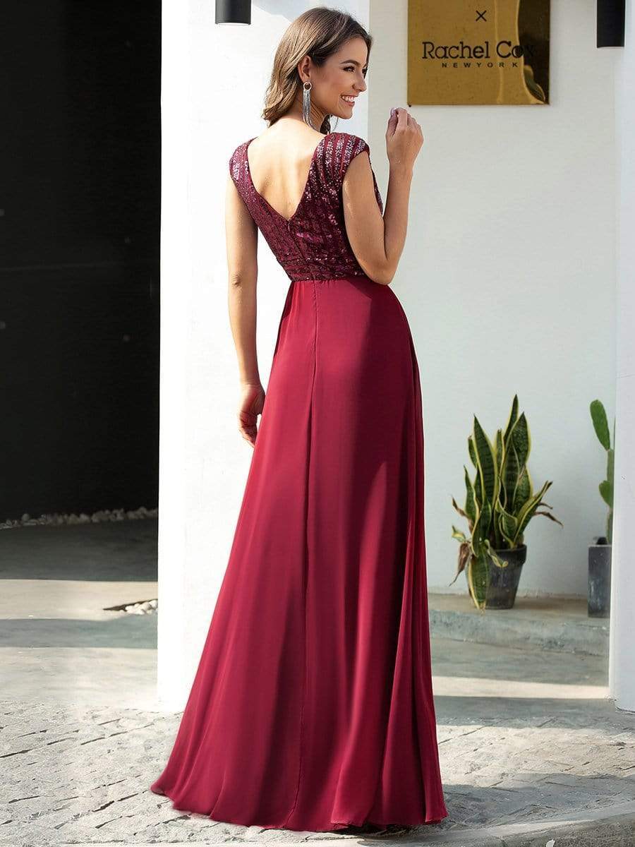 Color=Burgundy | Long A-Line Round Neckline Chiffon Party Dresses With Sequin-Burgundy 2