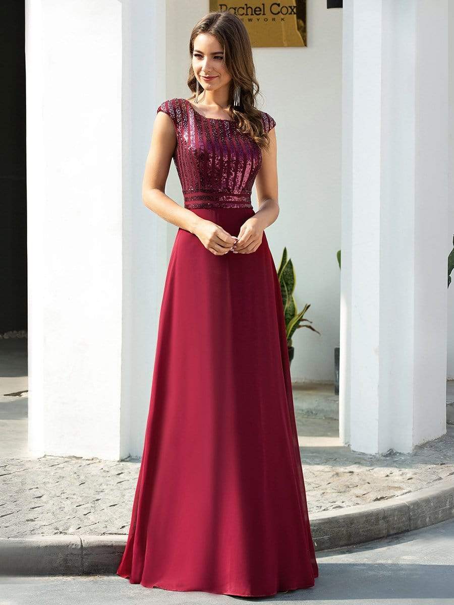 Color=Burgundy | Long A-Line Round Neckline Chiffon Party Dresses With Sequin-Burgundy 3