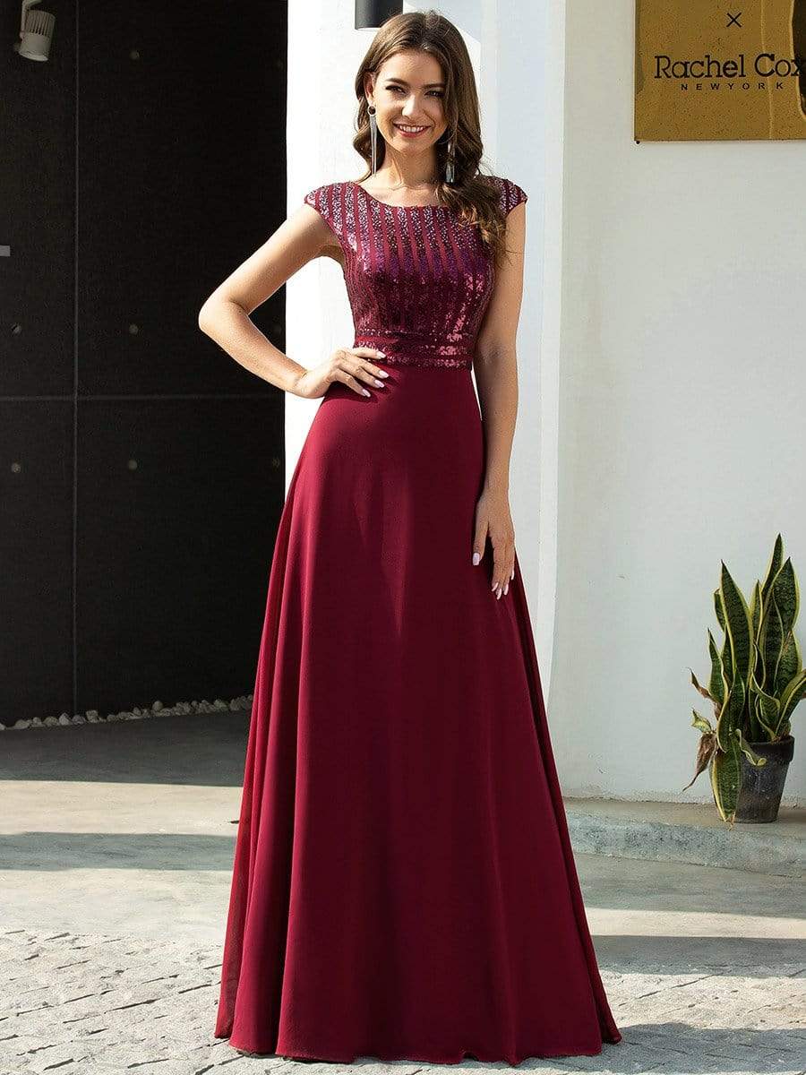 Color=Burgundy | Long A-Line Round Neckline Chiffon Party Dresses With Sequin-Burgundy 4