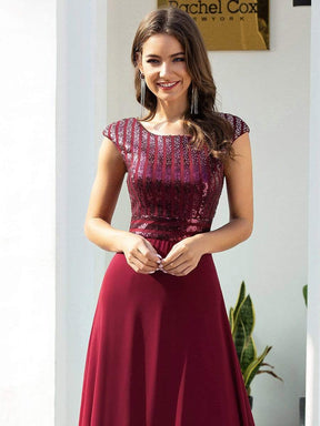 Color=Burgundy | Long A-Line Round Neckline Chiffon Party Dresses With Sequin-Burgundy 5